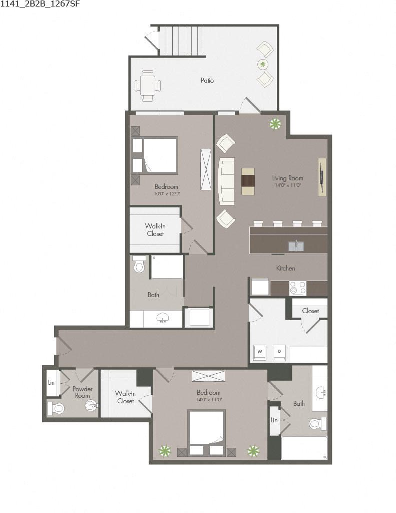 Floor plan for 2 beds, 2 baths, 1267 sqft